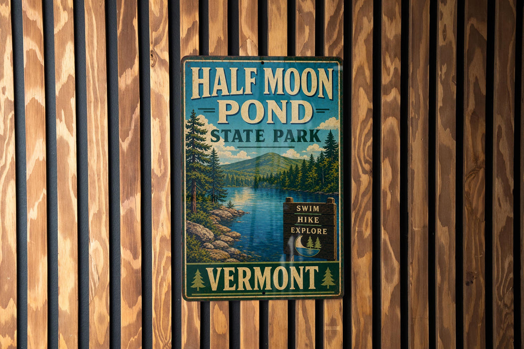 A vintage-style metal sign for Half Moon Pond State Park in Vermont, featuring a scenic landscape with a lake and mountains.