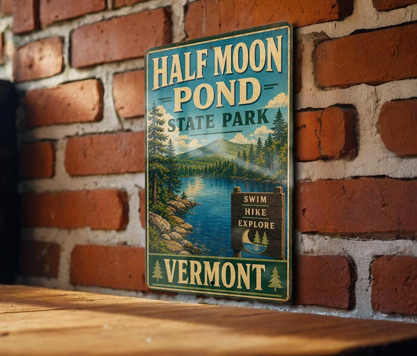 A vintage-style metal sign for Half Moon Pond State Park in Vermont, featuring a scenic illustration of the pond surrounded by mountains and pine trees.