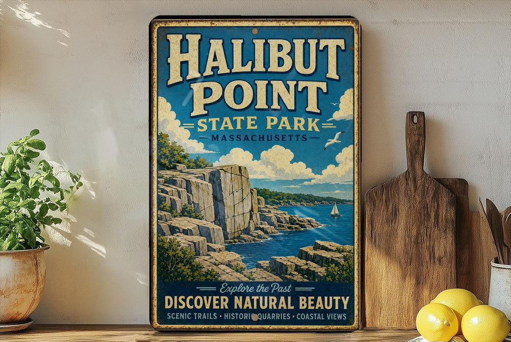A vintage-style metal sign for Halibut Point State Park in Massachusetts, featuring a scenic illustration of the park's landscape with cliffs, water, and a sailboat.
