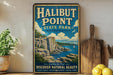 A vintage-style metal sign for Halibut Point State Park in Massachusetts, featuring a scenic illustration of the park's landscape with cliffs, water, and a sailboat.