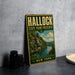 A vintage-style metal sign for Hallock State Park Preserve in New York, featuring a scenic landscape with a river and forest.