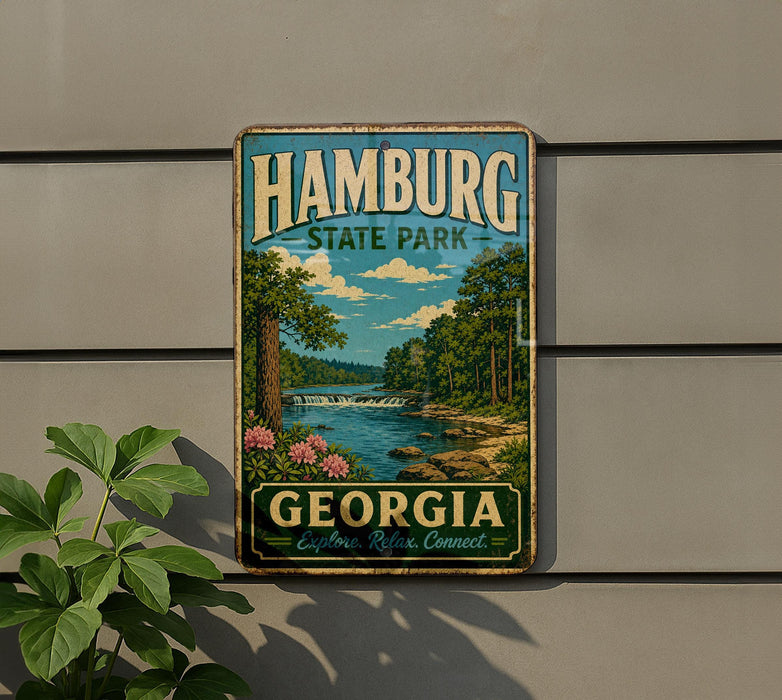 A vintage-style metal sign for Hamburg State Park in Georgia, featuring a scenic landscape with a river, trees, and a waterfall.