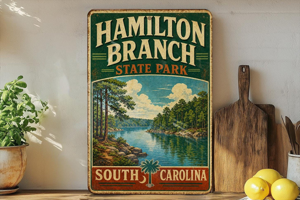 A vintage-style sign for Hamilton Branch State Park in South Carolina, featuring a scenic landscape with a river and pine trees.