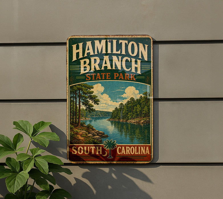 A vintage metal sign for Hamilton Branch State Park in South Carolina, featuring a scenic landscape with a river and trees.