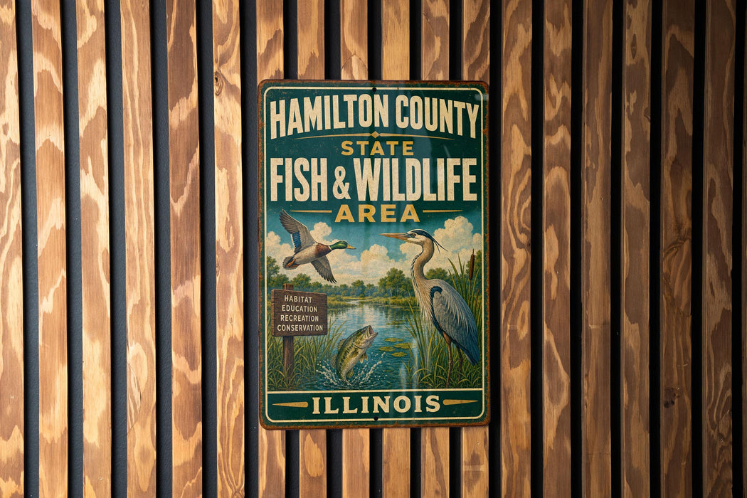 A metal sign for the Hamilton County State Fish & Wildlife Area in Illinois, featuring an illustration of ducks and a bird in a natural setting.