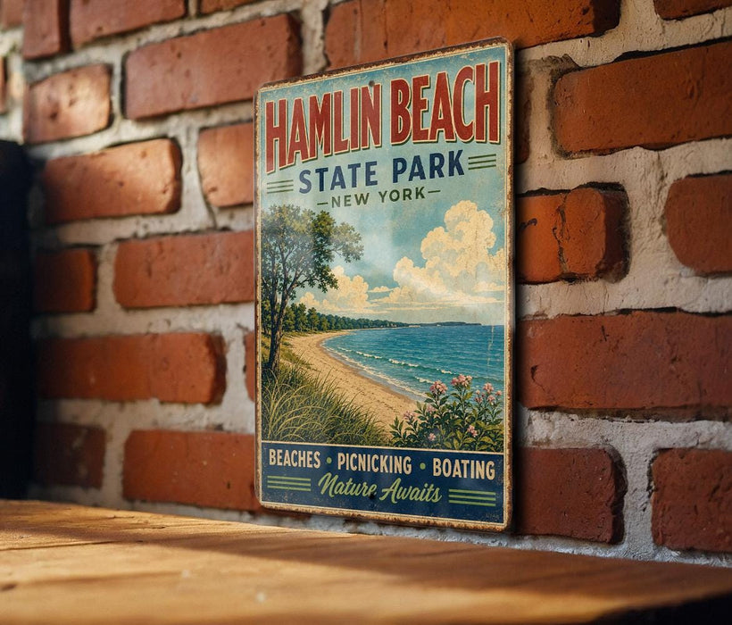 A vintage-style sign for Hamlin Beach State Park in New York, featuring a beach scene with a tree and a body of water.