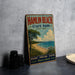 A vintage-style sign for Hamlin Beach State Park in New York, featuring a beach scene with a tree and a body of water.
