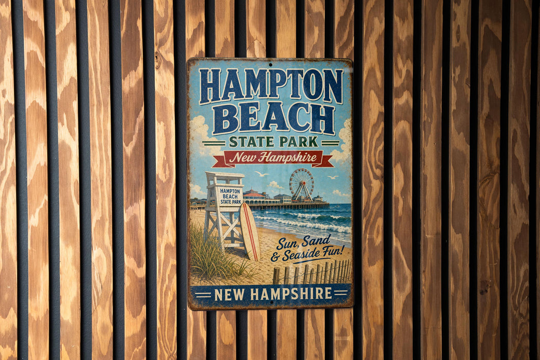 A vintage metal sign for Hampton Beach State Park in New Hampshire, featuring a beach scene with a lifeguard tower and a ferris wheel.