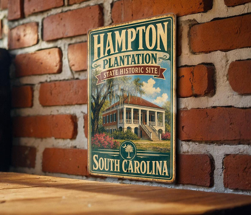 A vintage metal sign for the historic site of Hampton Plantation in South Carolina, featuring a building and palm trees.