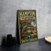 A vintage-style metal sign for the Hampton Plantation State Historic Site in South Carolina, featuring an illustration of a historic building surrounded by palm trees and flowers.