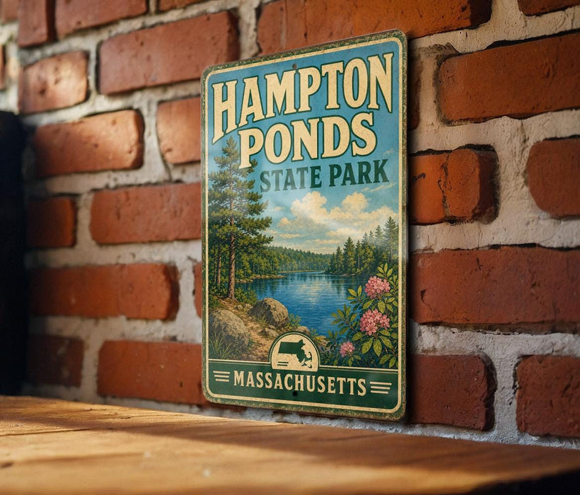 A vintage metal sign for Hampton Ponds State Park in Massachusetts, featuring a scenic landscape with a lake and pine trees.