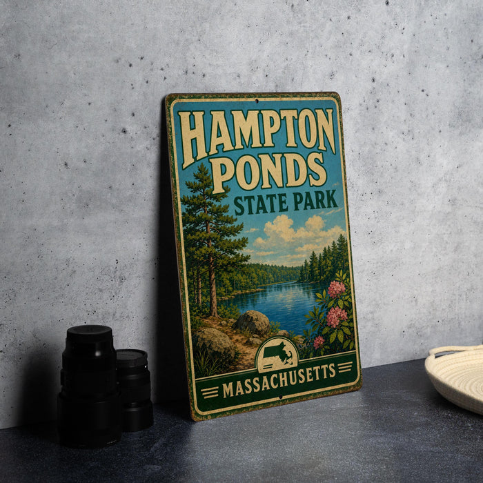 A vintage metal sign for Hampton Ponds State Park in Massachusetts, featuring a scenic landscape with a lake, trees, and mountains.