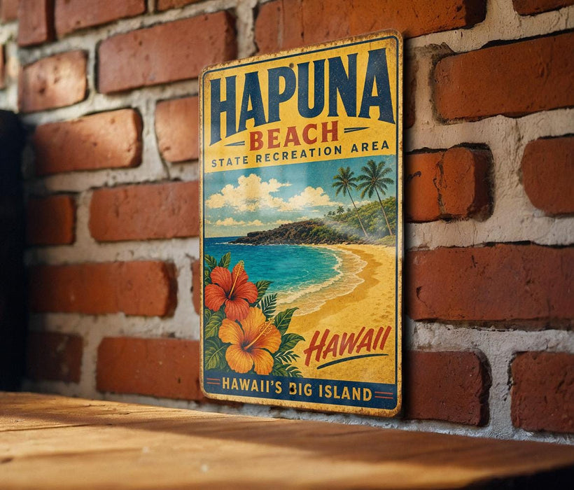 A vintage metal sign for Hapuna Beach, Hawaii, featuring a beach scene with palm trees and a blue sky.
