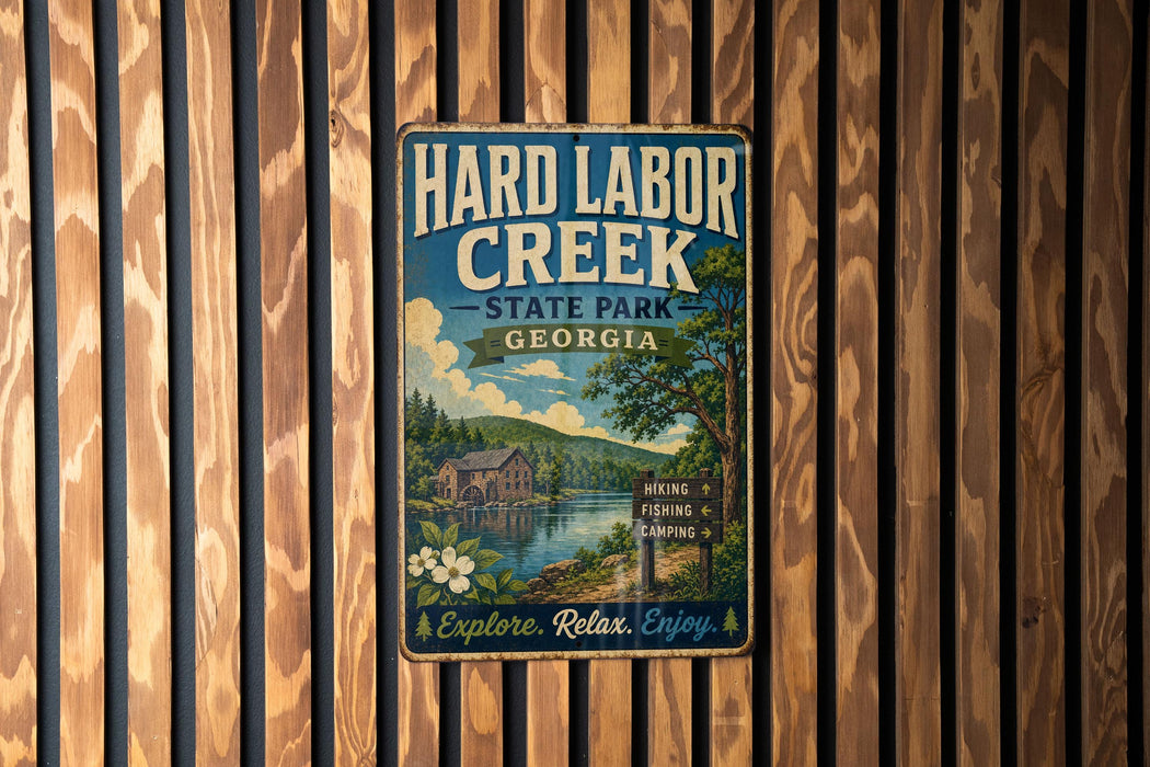 A vintage-style metal sign for Hard Labor Creek State Park in Georgia, featuring a scenic landscape with a river, mountains, and a cabin.