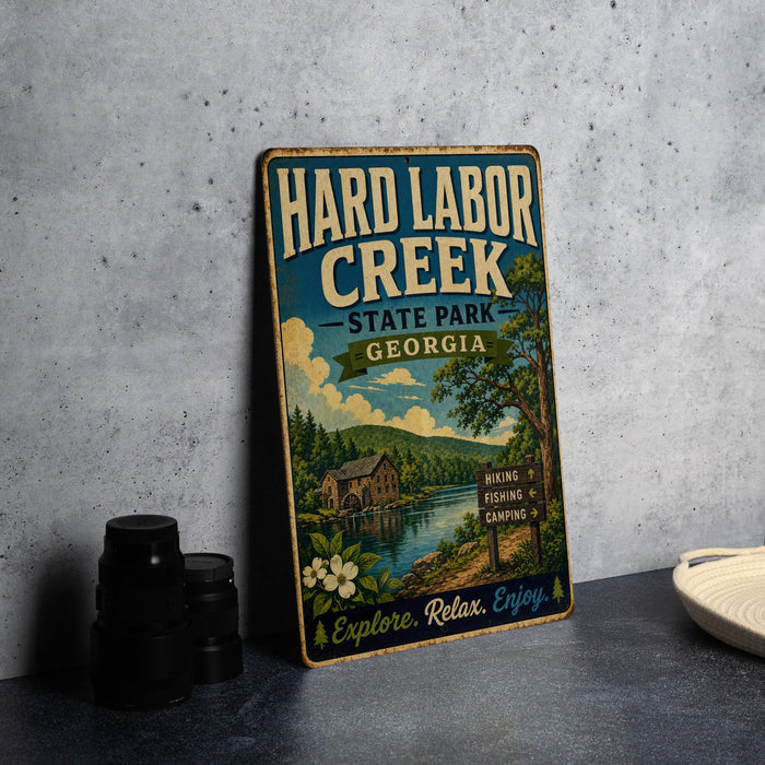 A vintage-style metal sign for Hard Labor Creek State Park in Georgia, featuring a scenic illustration of the park and its surroundings.