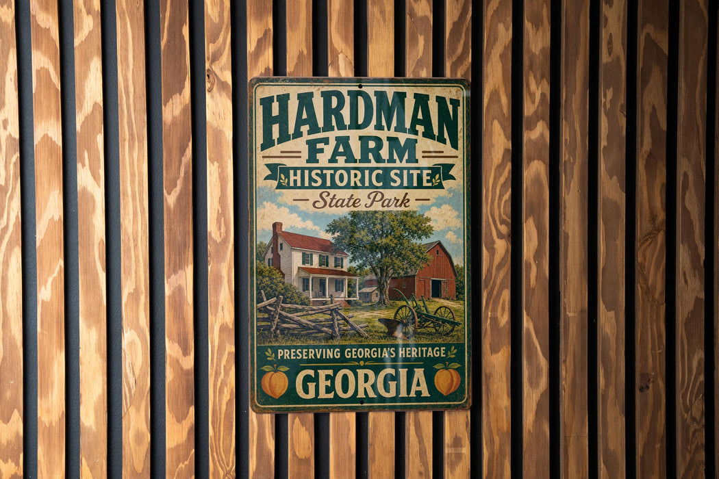 A vintage metal sign for the Hardman Farm Historic Site in Georgia, featuring a farm scene with a barn and a tree.