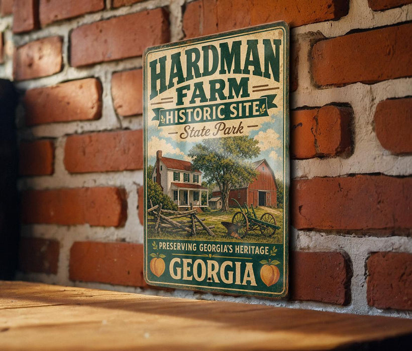 A vintage metal sign for the Hardman Farm Historic Site in Georgia, featuring an illustration of a farm scene with a barn and a horse.