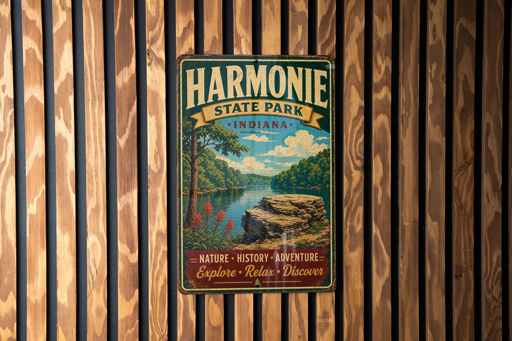 A vintage metal sign for the Harmonie State Park in Indiana, featuring a scenic landscape with a river, trees, and a rock formation.