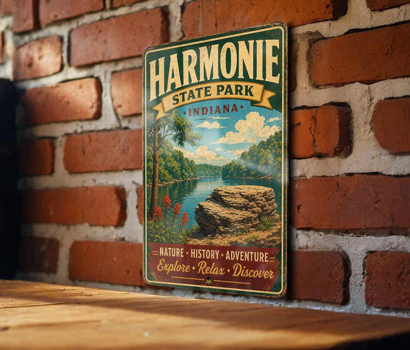 A vintage-style metal sign for the state park of Indiana, featuring a scenic landscape with a river, trees, and a rocky outcrop.