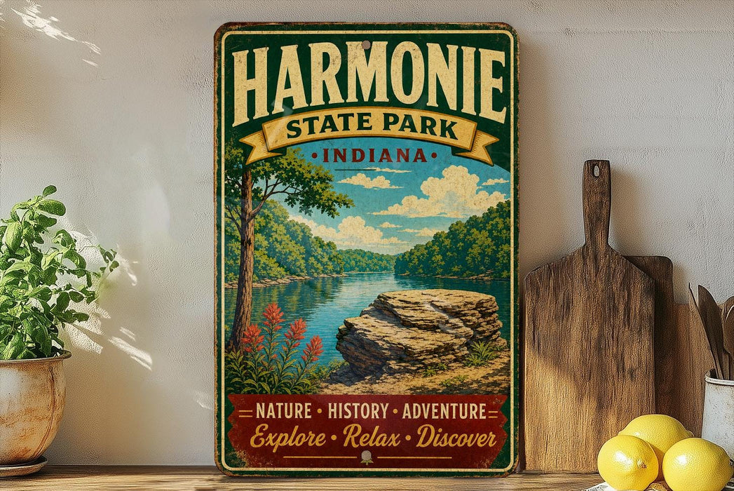 A vintage-style metal sign for the Harmonie State Park in Indiana, featuring a scenic landscape with a river, trees, and a rock formation.