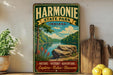 A vintage-style metal sign for the Harmonie State Park in Indiana, featuring a scenic landscape with a river, trees, and a rock formation.