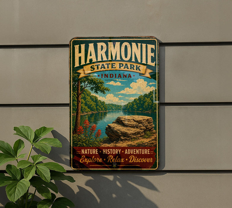 A vintage-style metal sign for the State Park in Indiana, featuring a scenic landscape with a river, trees, and a rock formation.