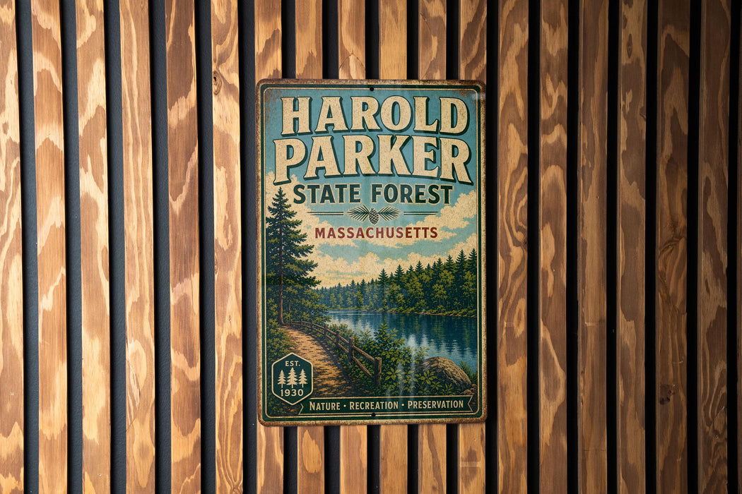 A vintage metal sign for Harold Parker State Forest in Massachusetts, featuring a scenic landscape with a river and pine trees.