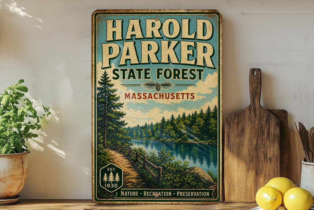 A vintage-style sign for the Harold Parker State Forest in Massachusetts, featuring a scenic illustration of a forest and a lake.