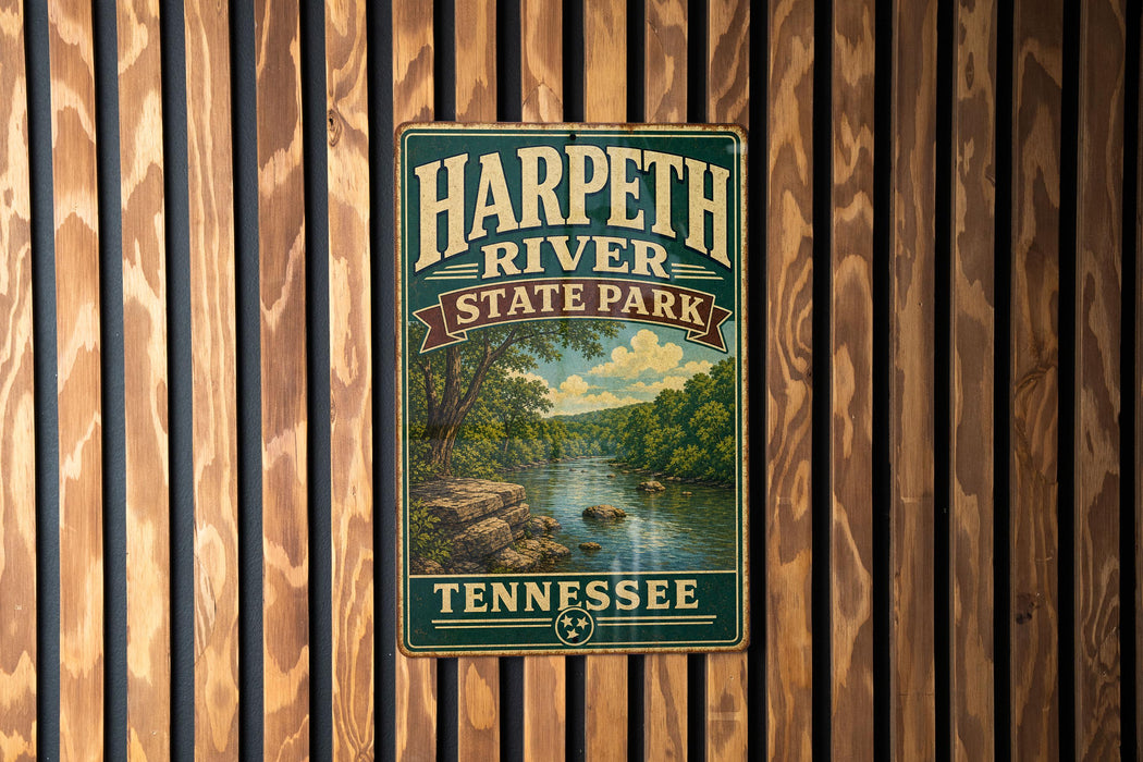 A vintage metal sign for Harpeth River State Park in Tennessee, featuring a scenic image of the river surrounded by lush greenery.