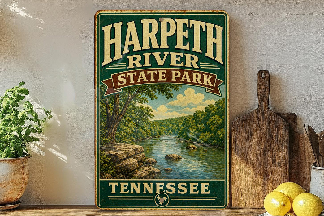 A vintage-style sign for Harpeth River State Park in Tennessee, featuring a scenic illustration of the river surrounded by lush greenery.