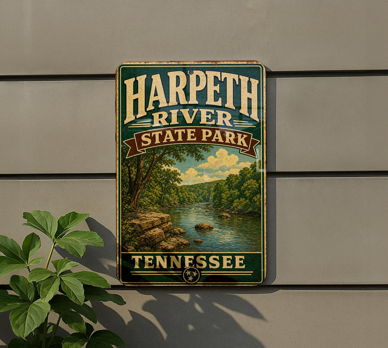 A vintage-style metal sign for Harpeth River State Park in Tennessee, featuring a scenic landscape with a river, trees, and mountains.