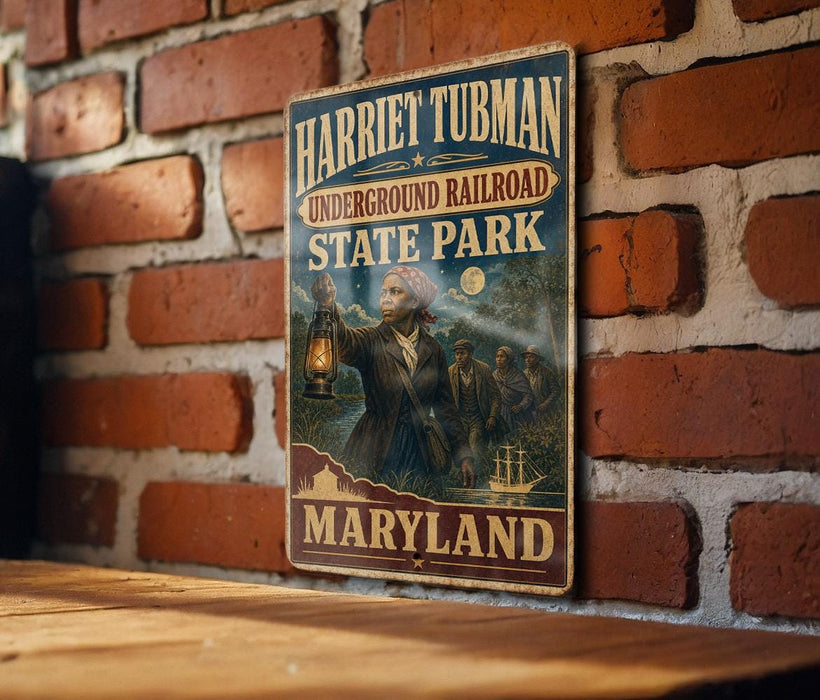 A vintage-style metal sign for Harriet Tubman's Underground Railroad State Park in Maryland, featuring an illustration of a person holding a lantern and a wagon.