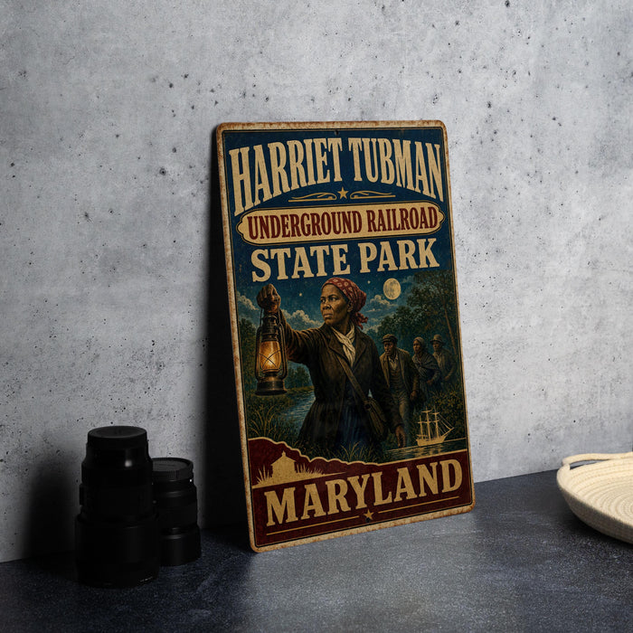 A vintage-style metal sign for Harriet Tubman Underground Railroad State Park in Maryland, featuring an illustration of a woman holding a lantern and a wagon.