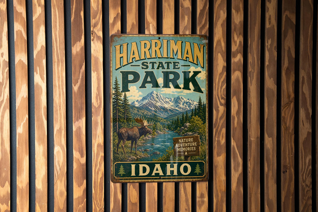 A vintage metal sign for Harriman State Park in Idaho, featuring a moose and a mountain landscape.