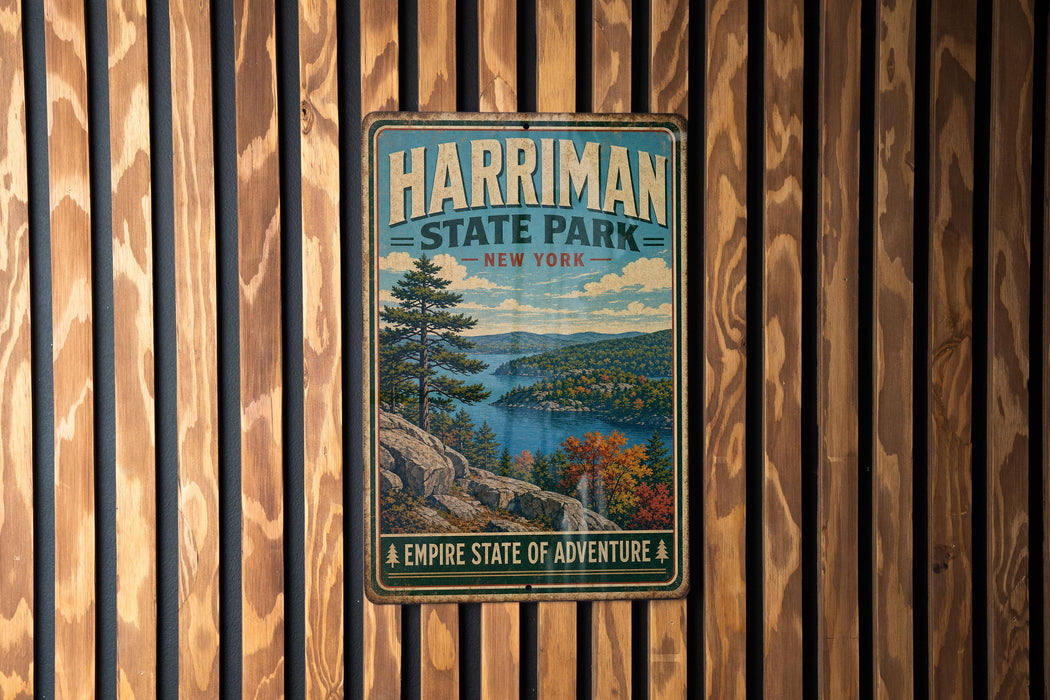 A vintage metal sign for Harriman State Park in New York, featuring a scenic landscape with a lake and mountains.