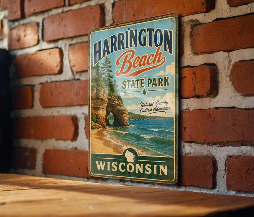 A vintage metal sign for Harrington Beach State Park in Wisconsin, featuring a scenic image of the beach and cliffs.