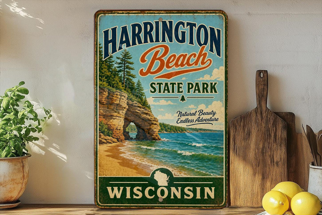 A vintage-style sign for Harrington Beach State Park in Wisconsin, featuring a scenic beach landscape with a rock formation and ocean.
