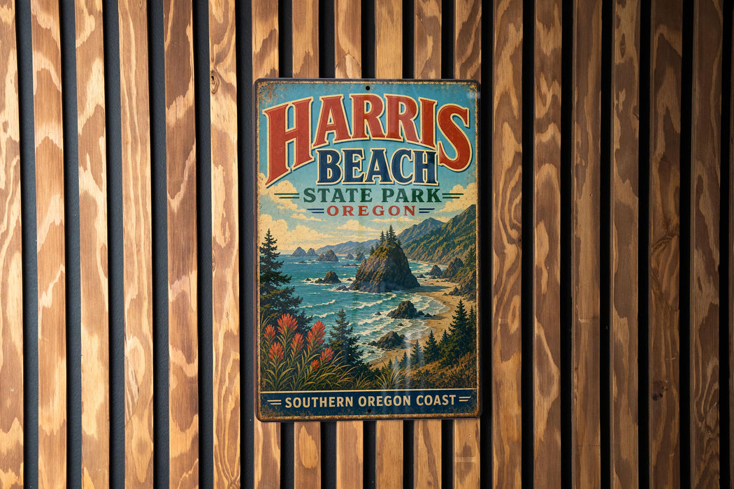 A vintage metal sign for Harris Beach State Park in Oregon, featuring a scenic coastal landscape with mountains, pine trees, and a body of water.