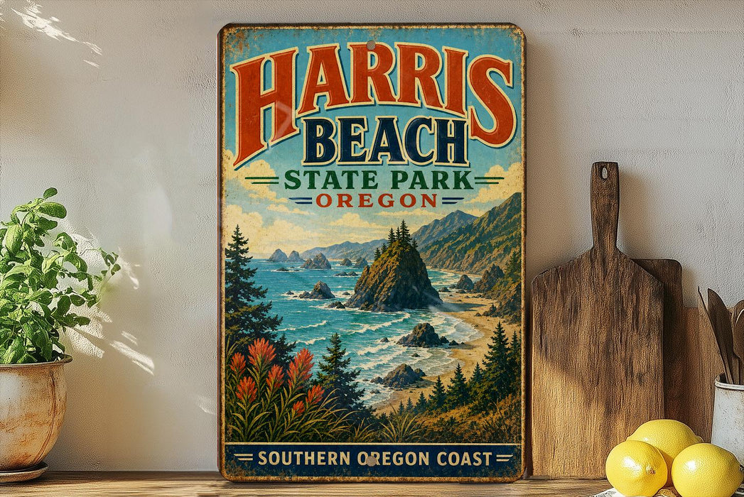 A vintage-style sign for Harris Beach State Park in Oregon, featuring a scenic coastal landscape with mountains, pine trees, and a rocky coastline.