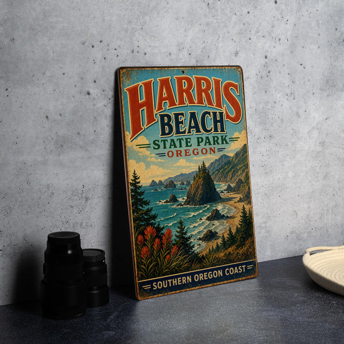 A vintage-style metal sign for Harris Beach State Park in Southern Oregon Coast, featuring a scenic landscape with mountains, water, and coastal vegetation.
