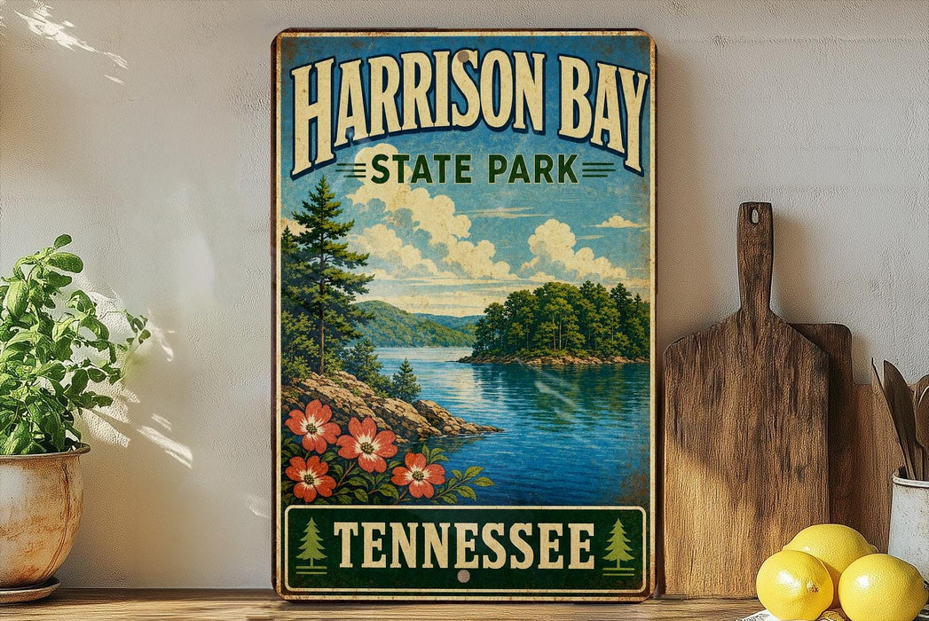 A vintage-style sign for Harrison Bay State Park in Tennessee, featuring a scenic landscape with a lake, mountains, and trees.