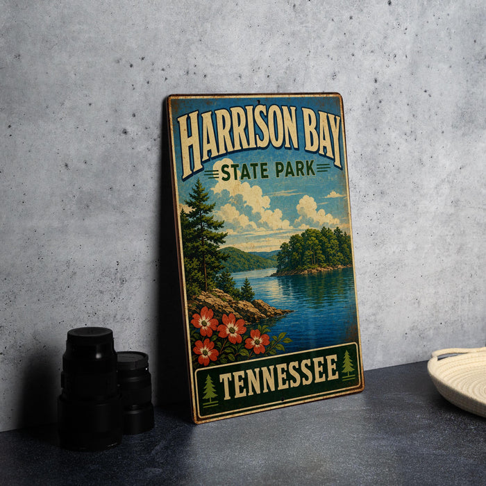 A vintage-style sign for Harrison Bay State Park in Tennessee, featuring a scenic landscape with a lake, trees, and mountains.