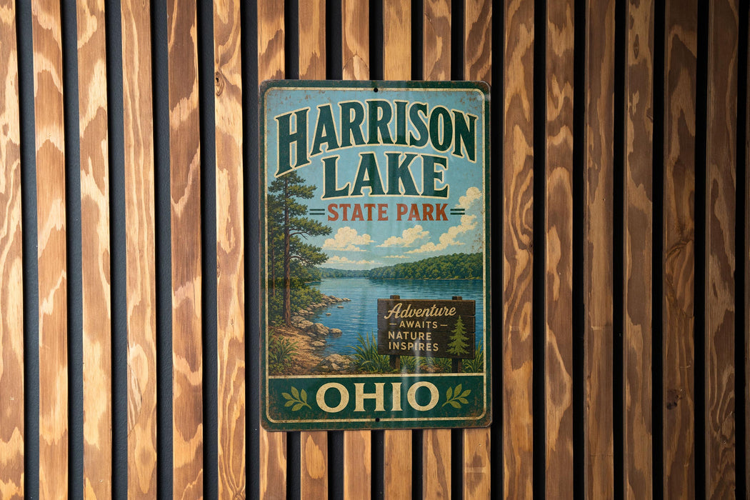 A vintage metal sign for Harrison Lake State Park in Ohio, featuring a scenic landscape with a lake and mountains.