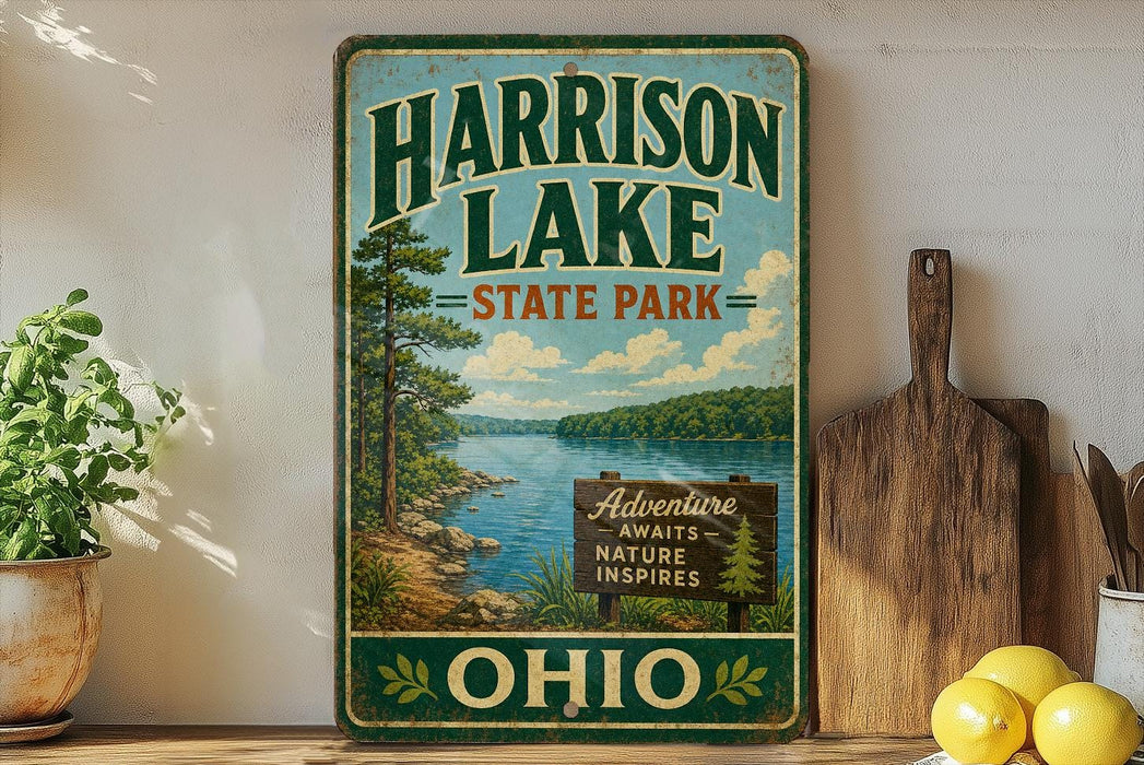 A vintage-style sign for Harrison Lake State Park, featuring a scenic landscape with a lake, trees, and mountains.