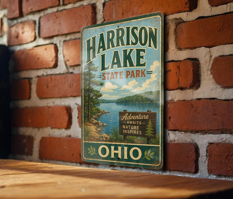 A vintage metal sign for Harrison Lake State Park in Ohio, featuring a scenic landscape with a lake and trees.