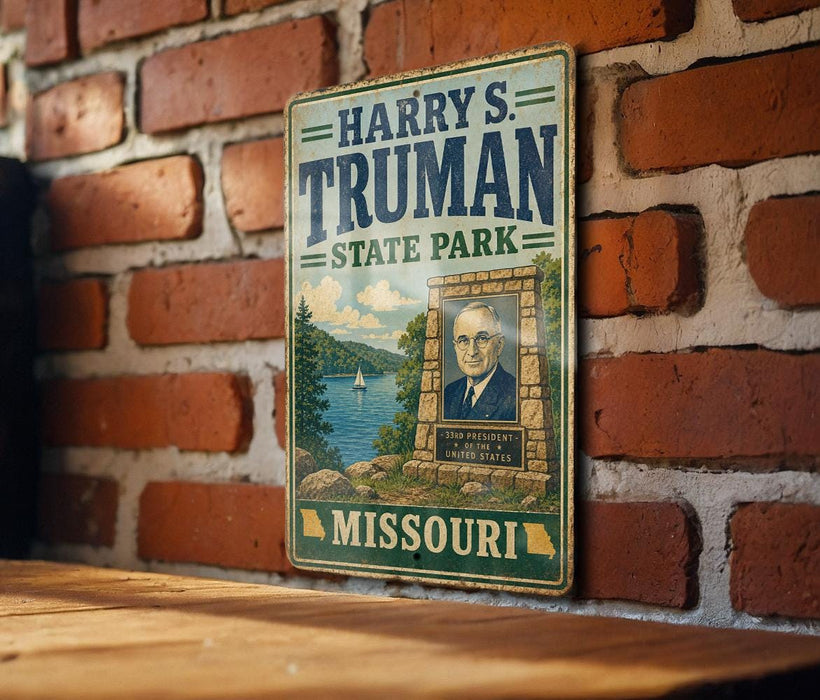 A vintage metal sign for "Harry S. Truman State Park" in Missouri, featuring a portrait of a man and a scenic landscape.