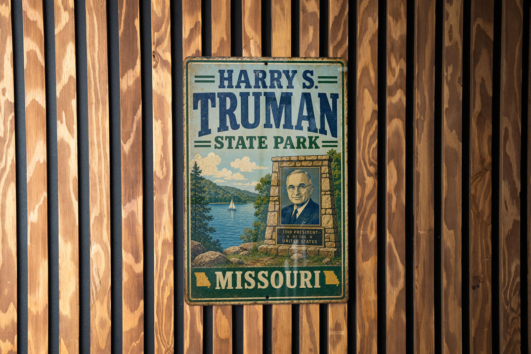 A vintage metal sign for "Harry S. Truman State Park" in Missouri, featuring a portrait of a man and a scenic landscape.