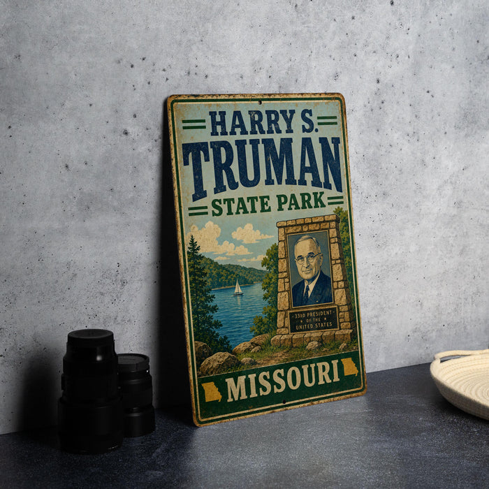 A vintage metal sign for Harry S. Truman State Park in Missouri, featuring a portrait of a man and a scenic landscape.