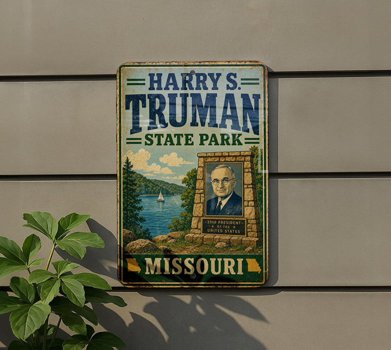A vintage metal sign for "Harry S. Truman State Park" in Missouri, featuring a portrait of a man and a scenic landscape.