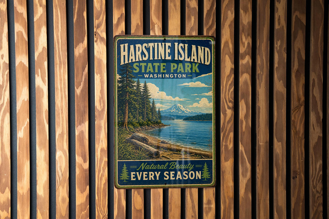 A vintage-style metal sign for Harstine Island State Park in Washington, featuring a scenic landscape with a mountain, lake, and pine trees.